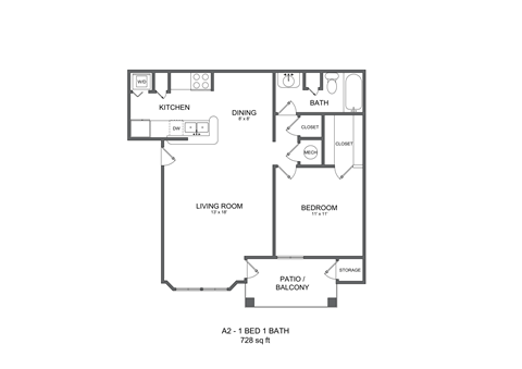 Floor plan for 1 bed, 1 bath, 728 sqft